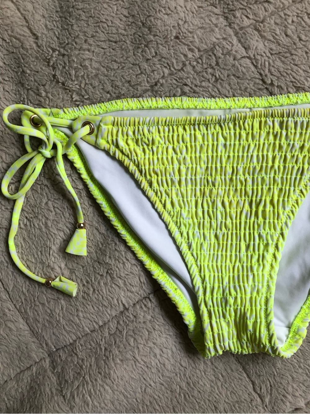 Y2K Victoria's Secret Neon Yellow Smocked Tie-Up Bikini Bottoms